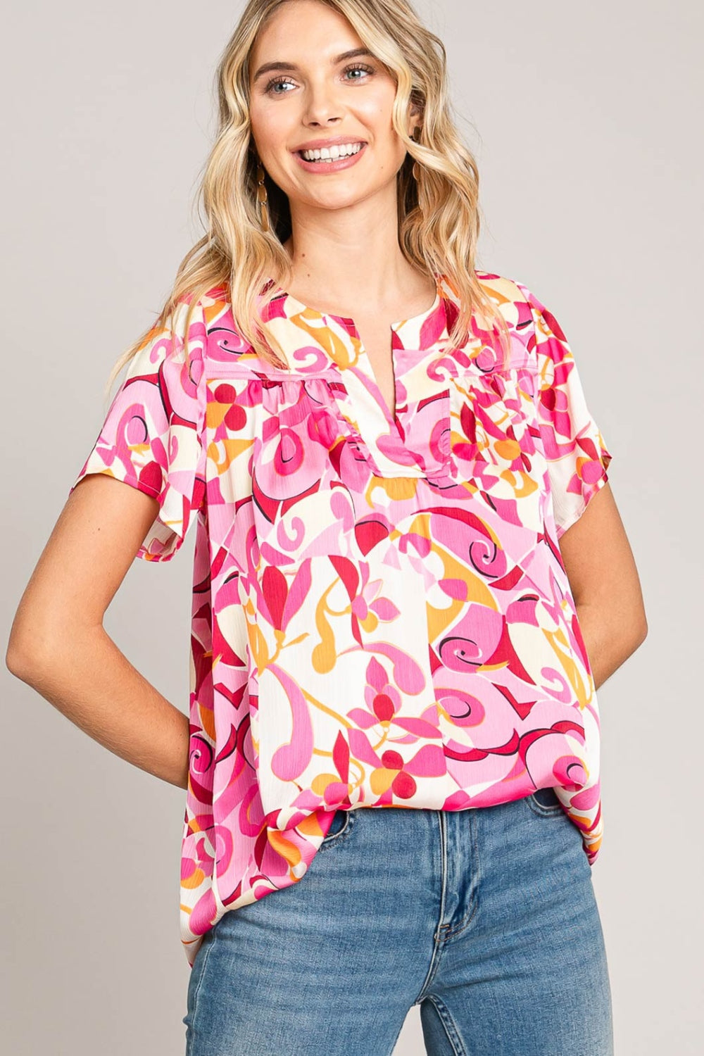 Cotton Bleu by Nu Label Abstract Print Short Sleeve Top Trendsi