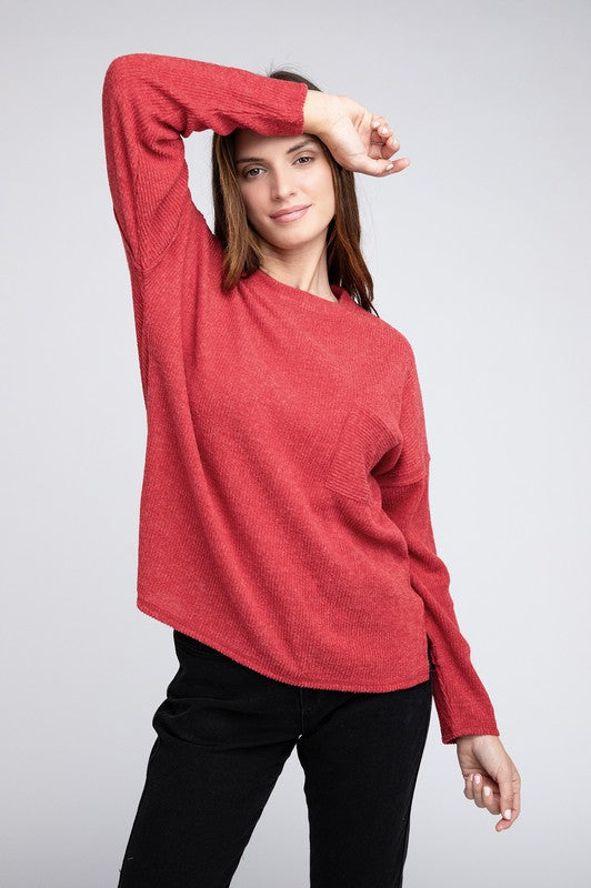 Ribbed Brushed Melange Hacci Sweater with a Pocket ZENANA