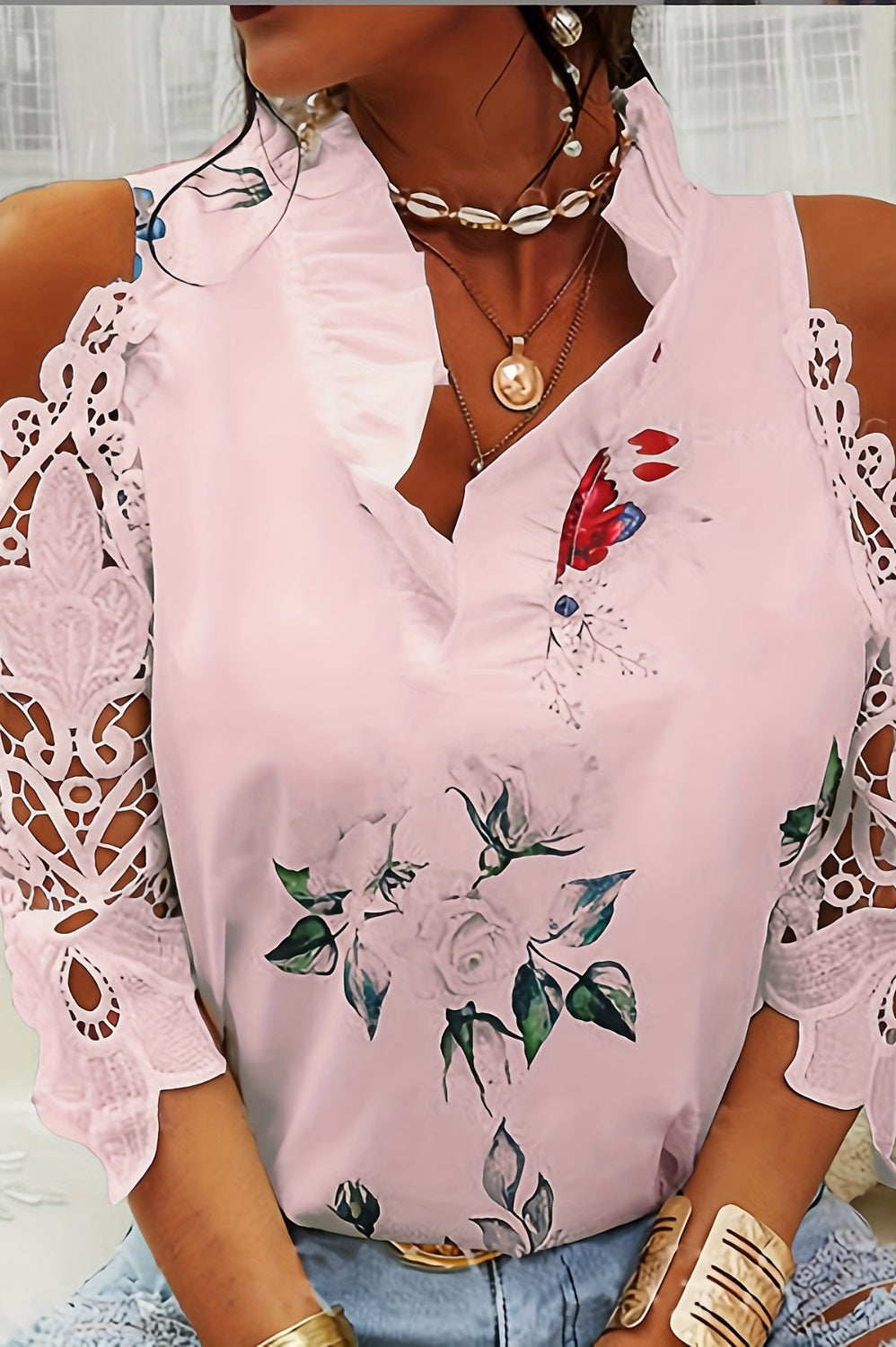 Full Size Lace Printed Half Sleeve Blouse Trendsi