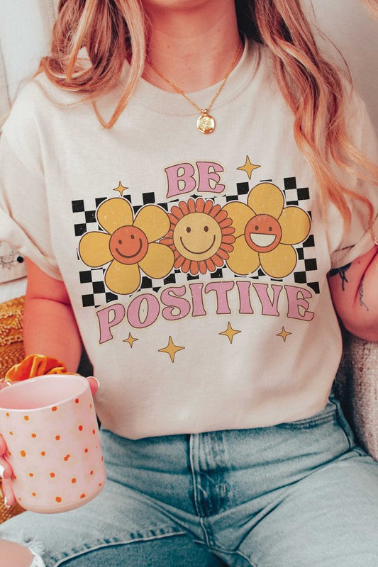 BE POSITIVE HAPPY FACE FLOWERS Graphic Tee A. BLUSH CO.