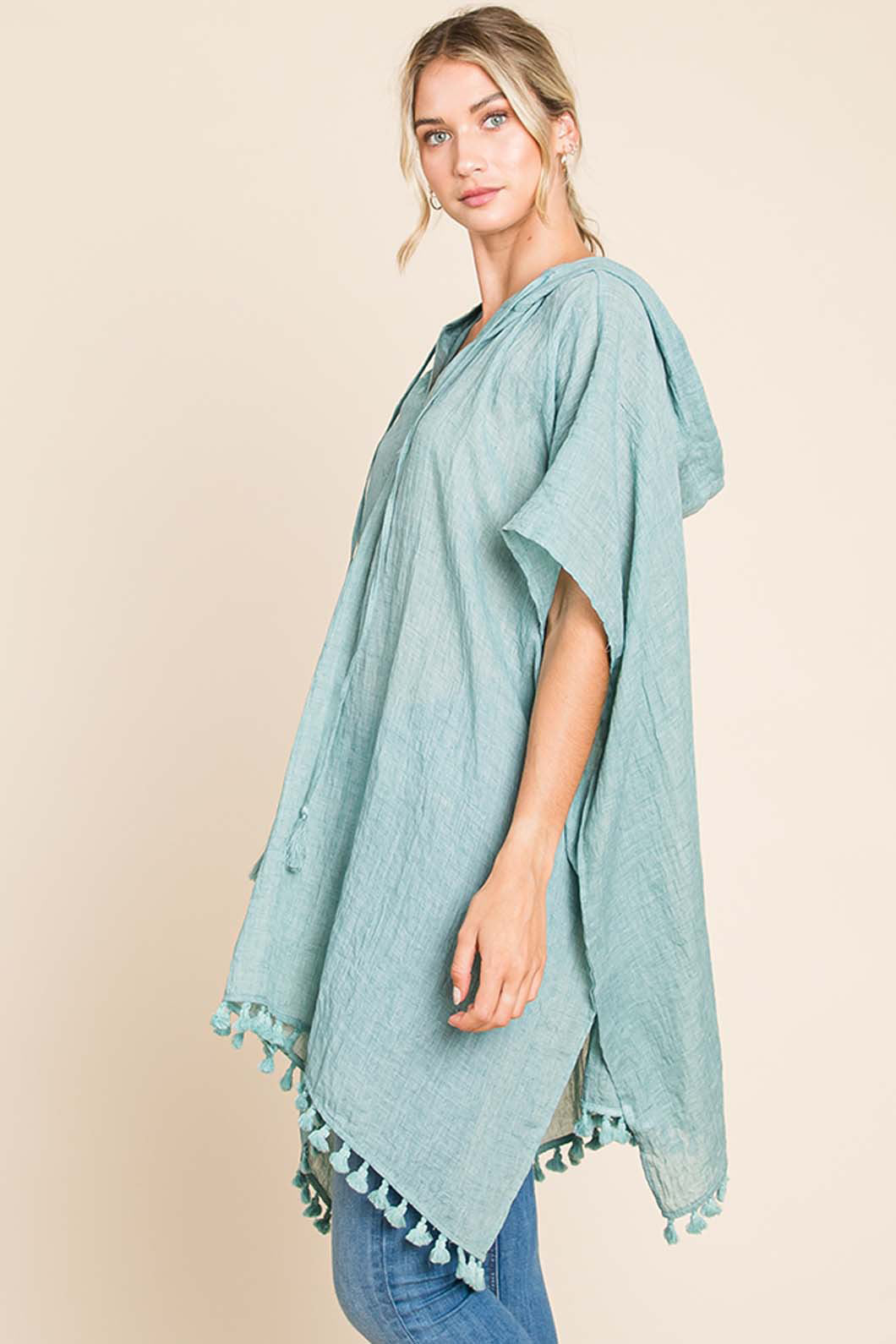 Cotton Bleu by Nu Label Tassel Hem Hooded Cover Up Trendsi
