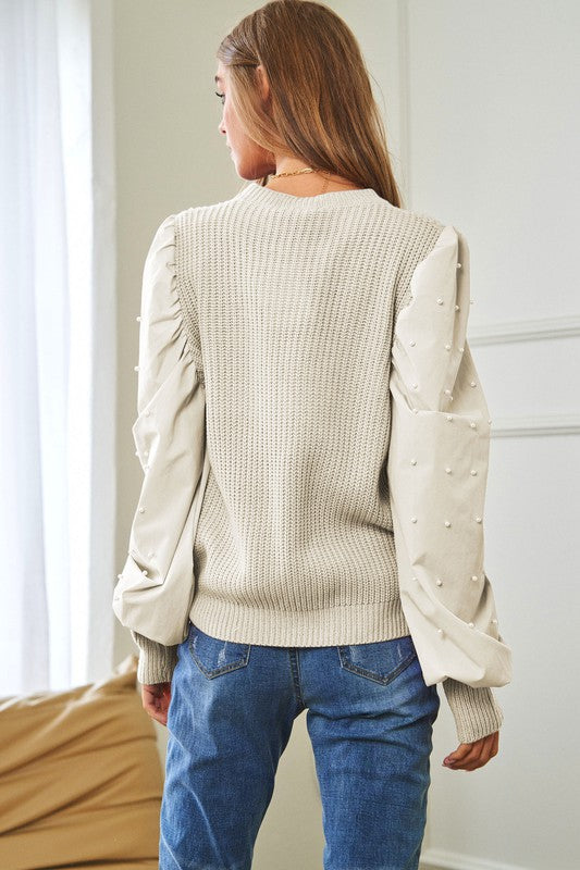 Pearl Embellishments Contrast Sleeves Sweater Davi & Dani
