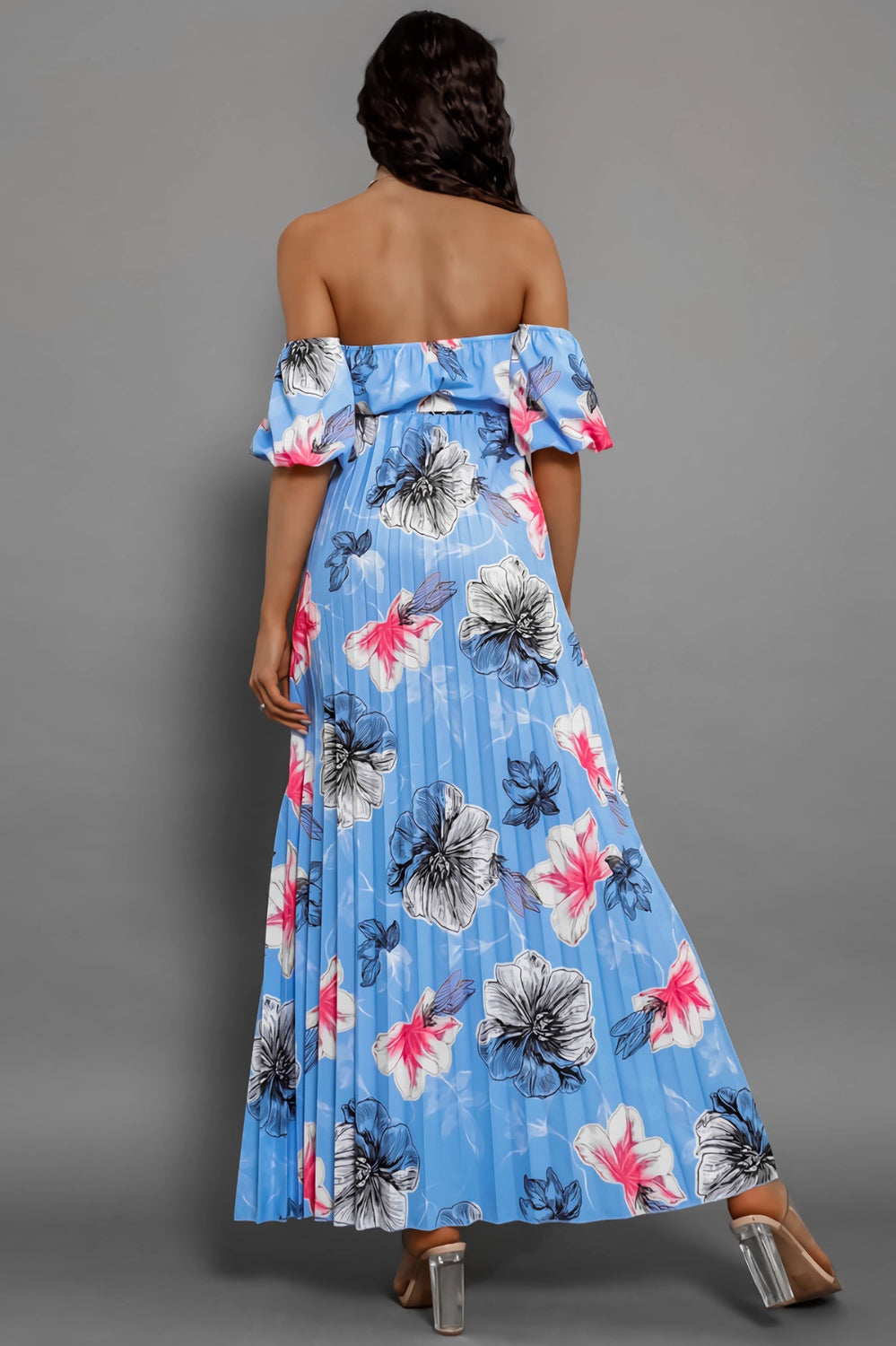 Pleated Floral Off-Shoulder Short Sleeve Midi Dress Trendsi