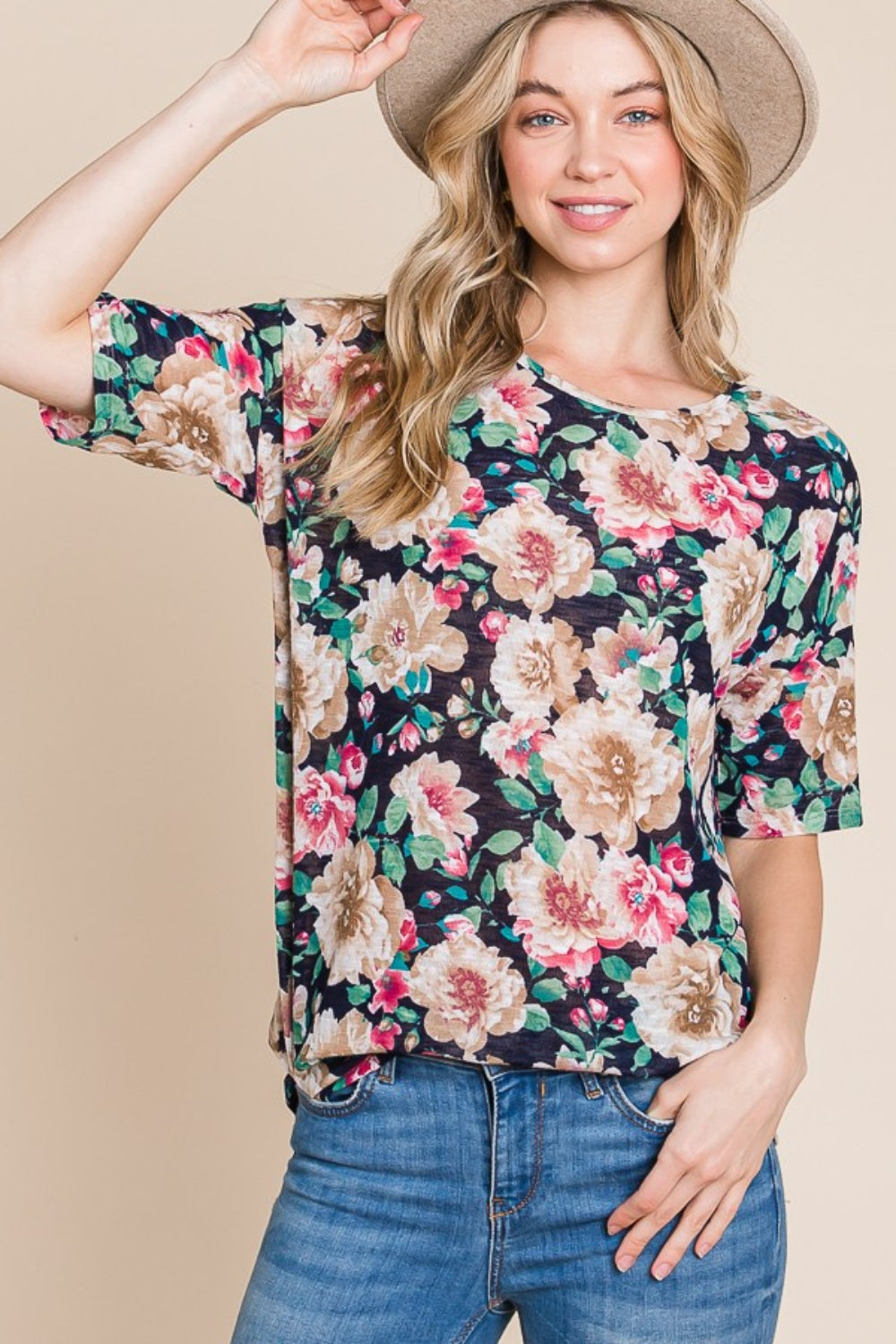 BOMBOM Floral Round Neck T-Shirt Trendsi