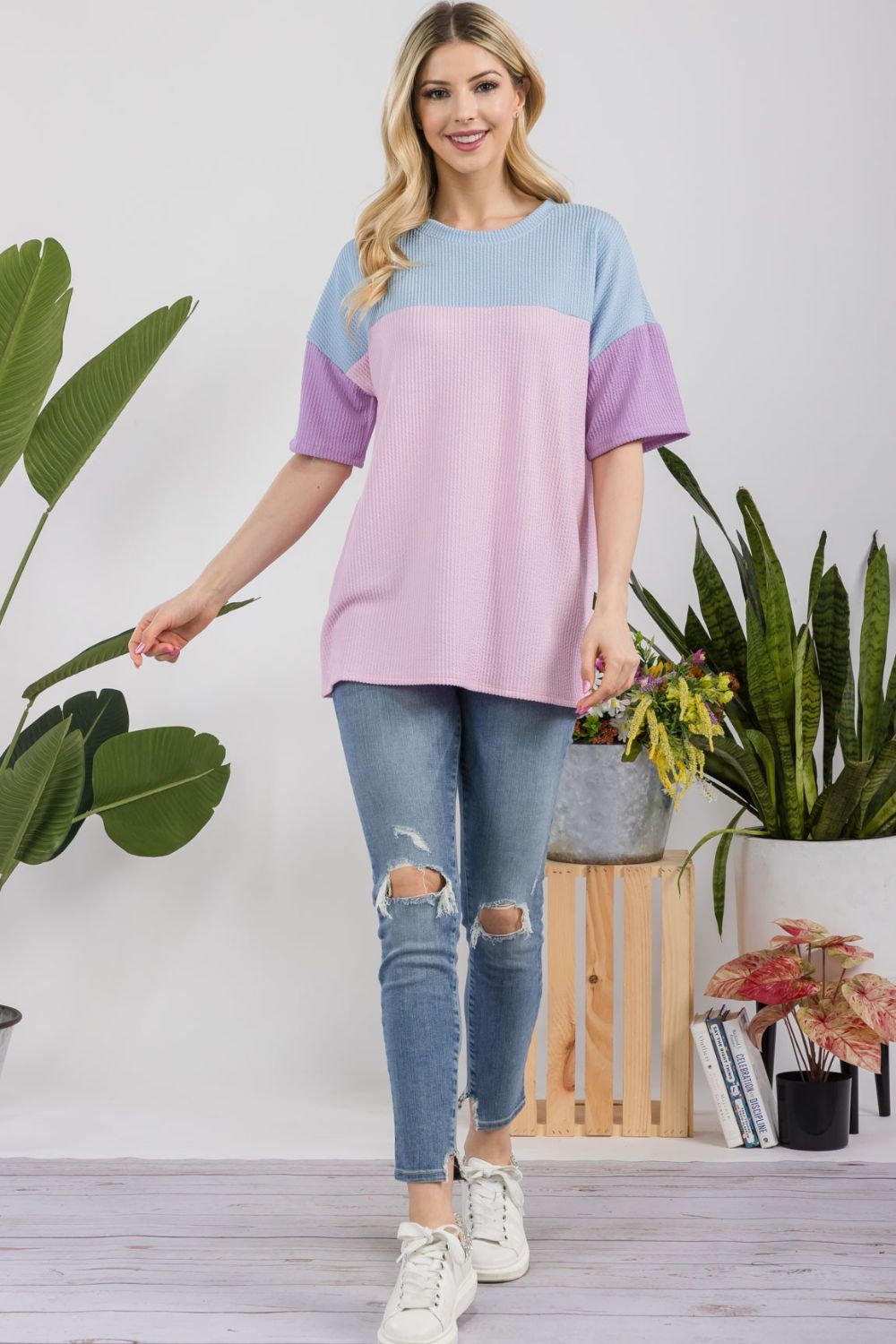Celeste Full Size Ribbed Color Block T-Shirt Trendsi