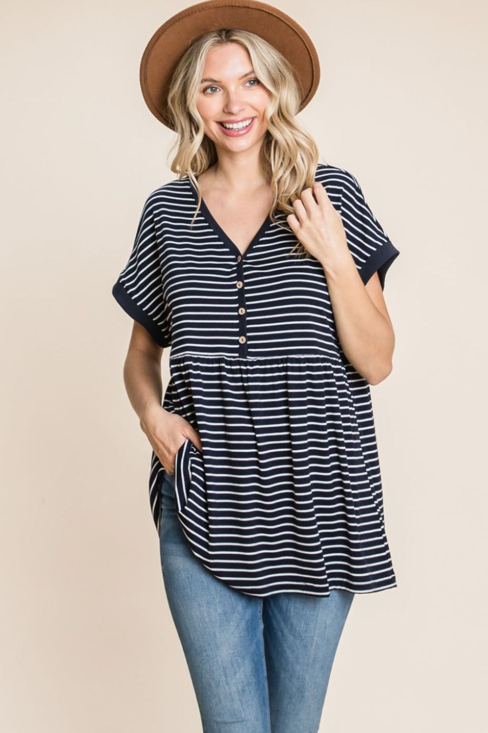 Cotton Bleu by Nu Label Striped Button Front Baby Doll Top Trendsi