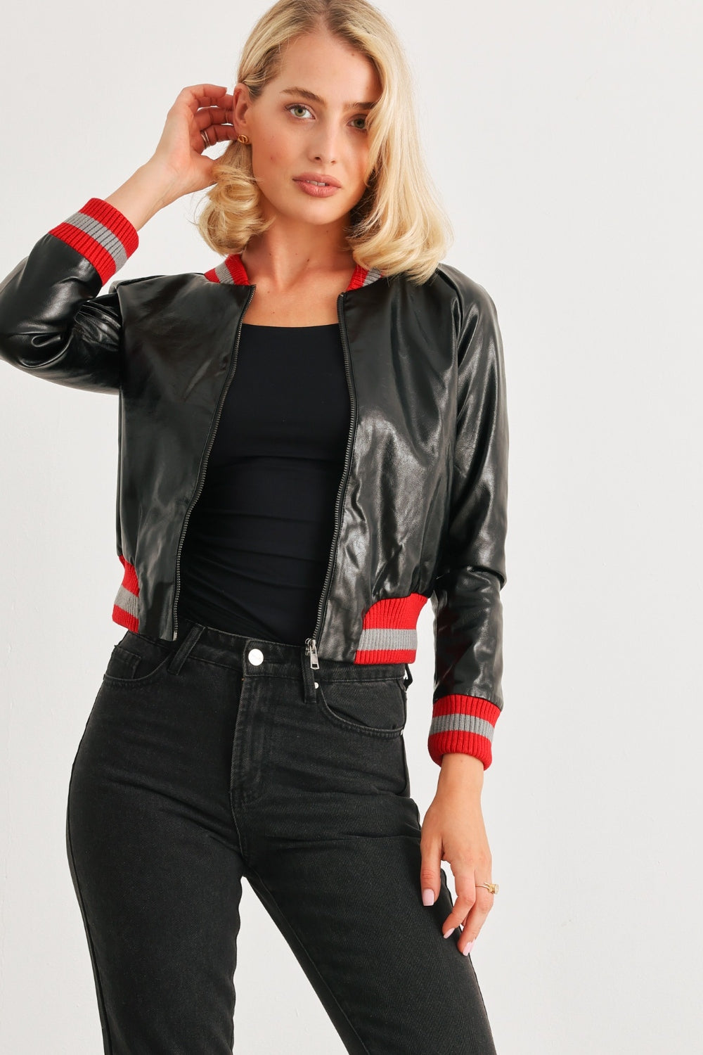 Comme PU Leather Baseball Collar Long Sleeve Jacket Casual Chic Boutique