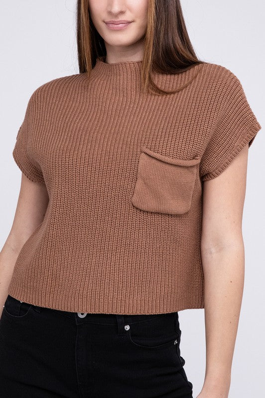 Mock Neck Short Sleeve Cropped Sweater ZENANA