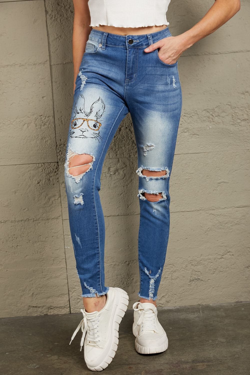 Baeful Easter Distressed Frayed Hem Jeans Trendsi