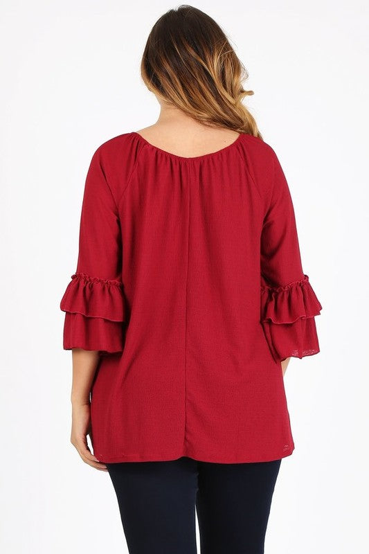 Knit 3/4 Sleeve Double Layer Ruffle Sleeve Top Bagel