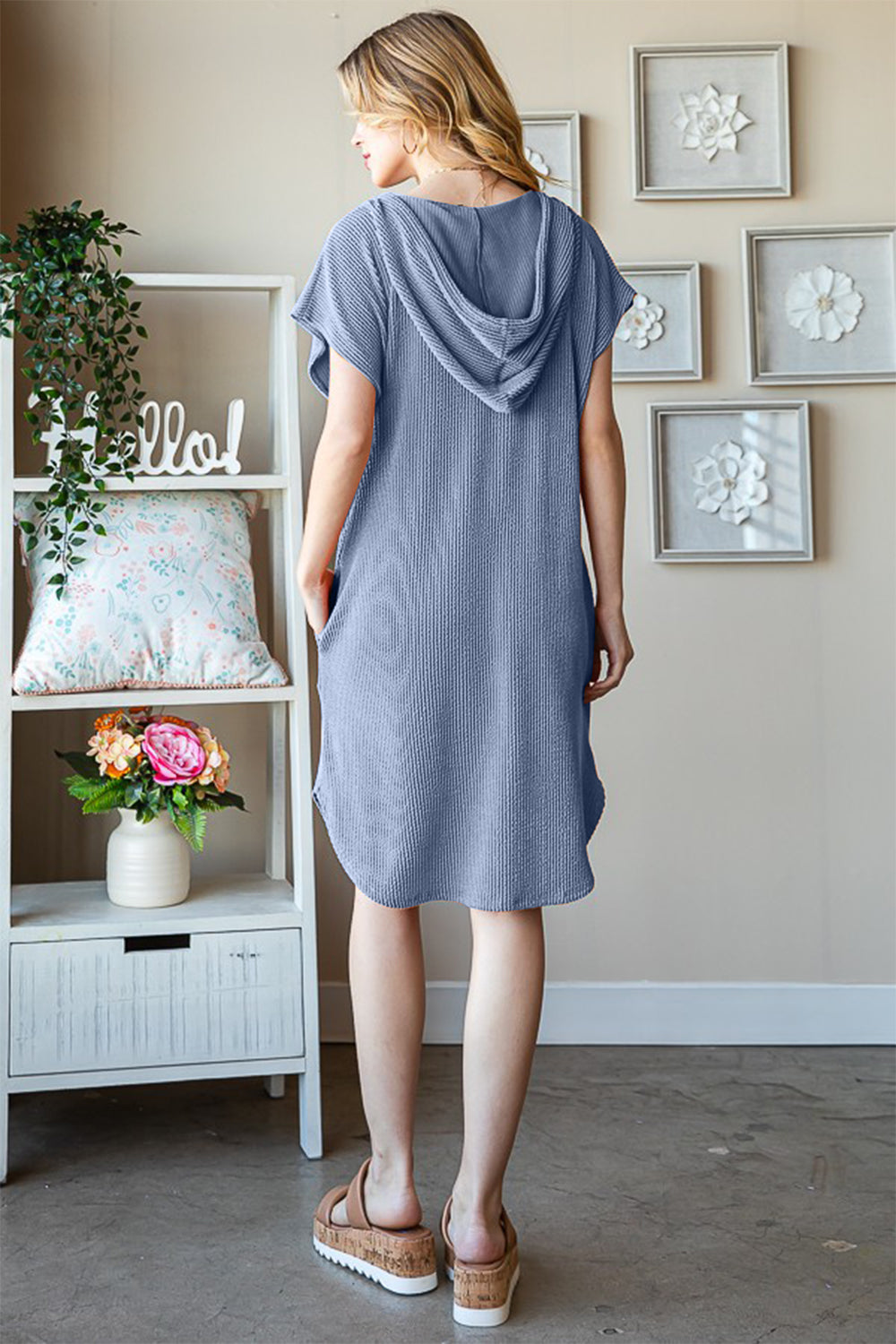 Heimish Full Size Ribbed Short Sleeve Hooded Dress Trendsi