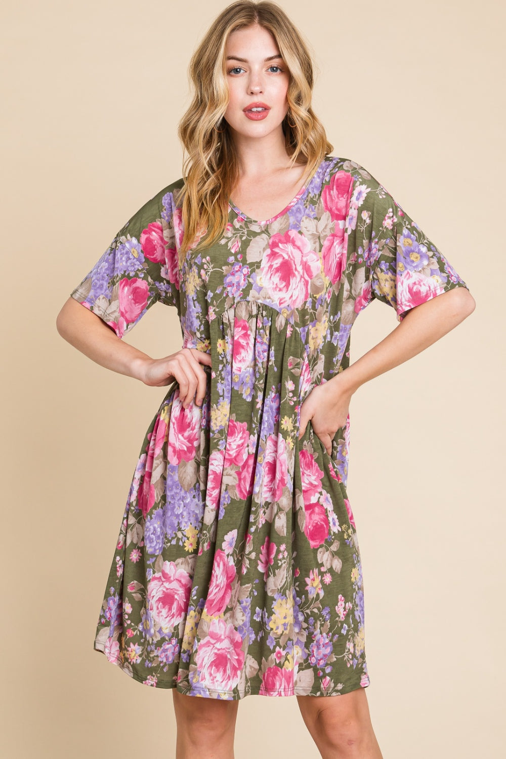 BOMBOM Flower Print V-Neck Ruched Dress Trendsi