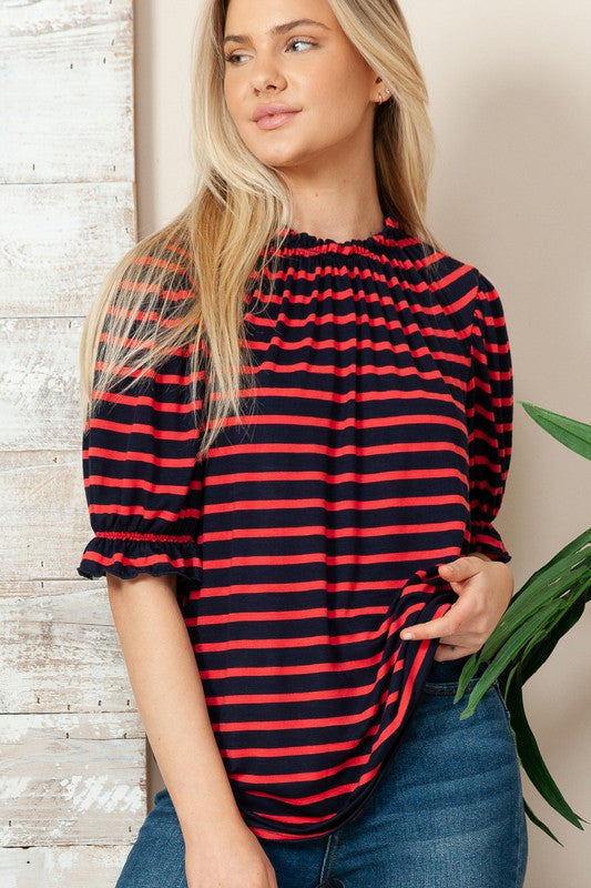 Stripe Short Ruched Sleeve Top Acting Pro