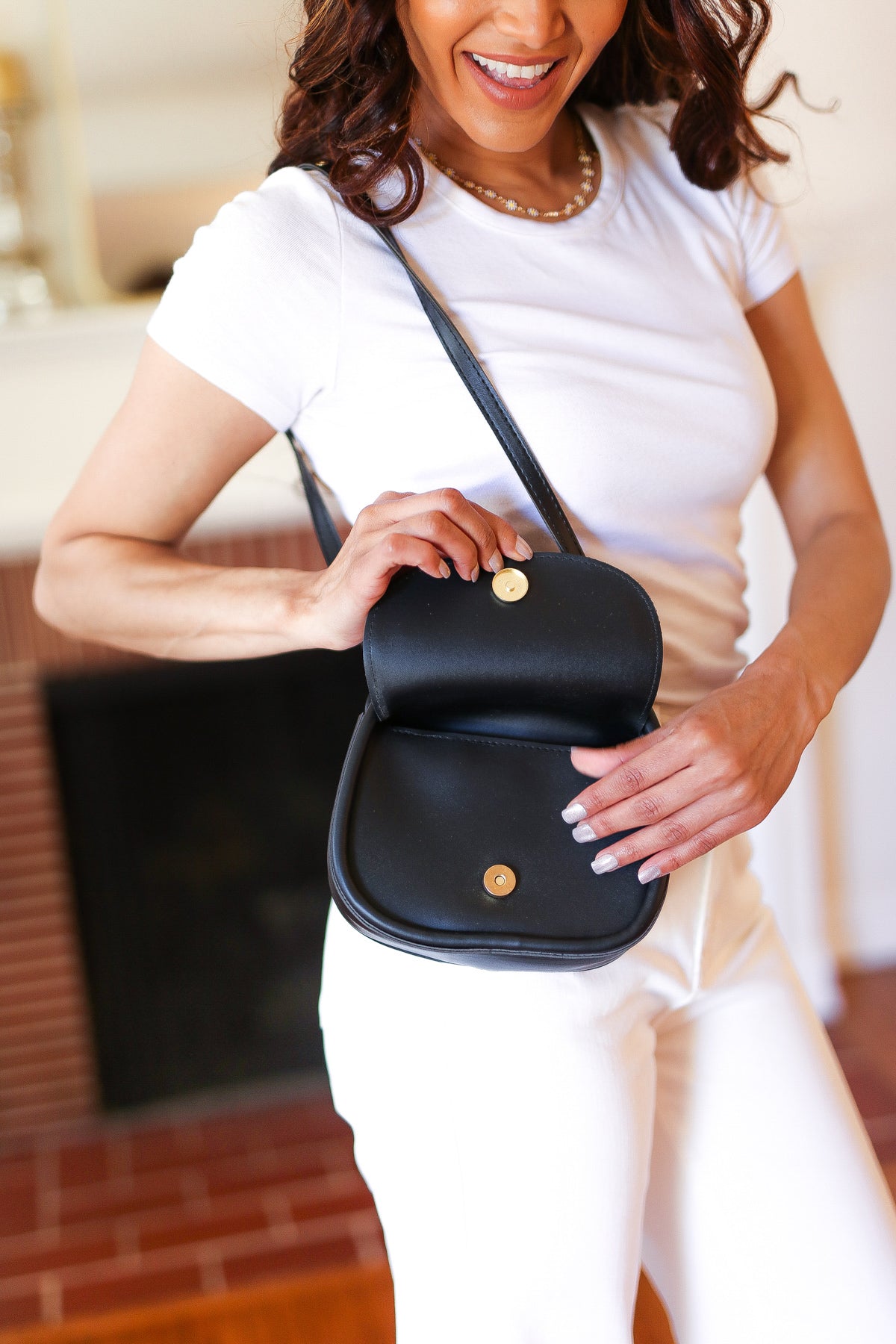 Black Flap Magnetic Snap Closure Structured Crossbody Bag ICON