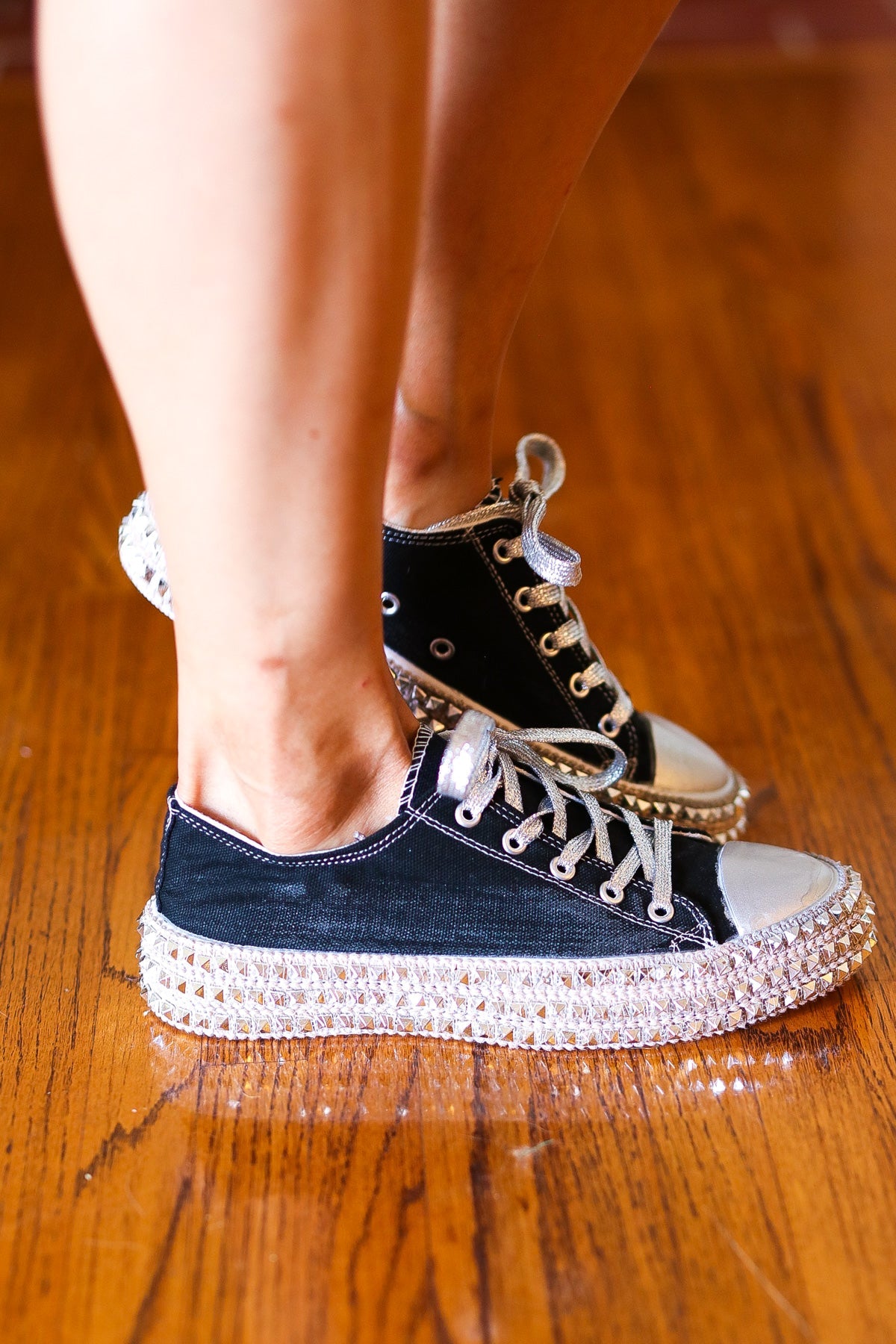 Get Their Attention Black Studded Canvas Sneakers Influence