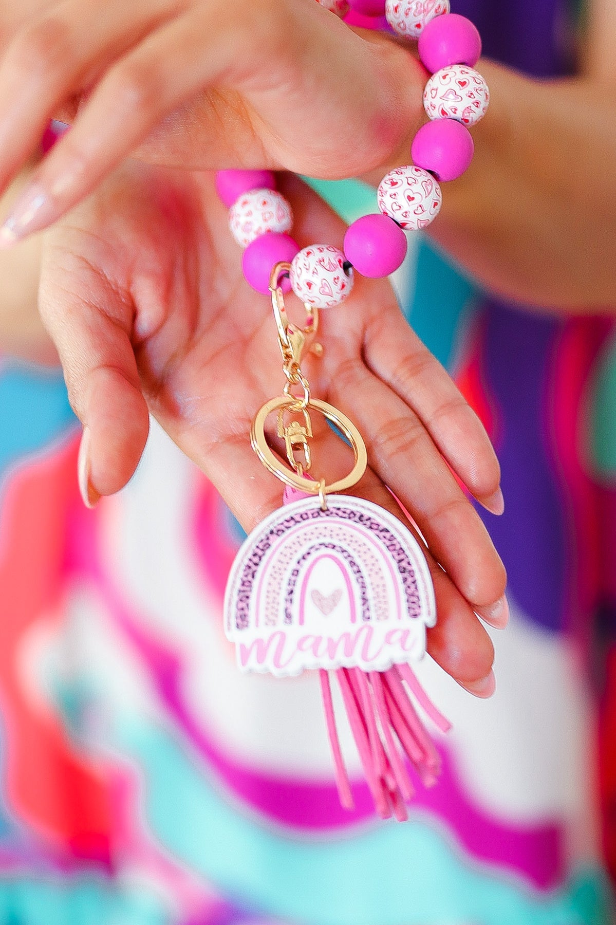 Hot Pink "Mama" Bauble Wristlet Tassel Keychain Influence