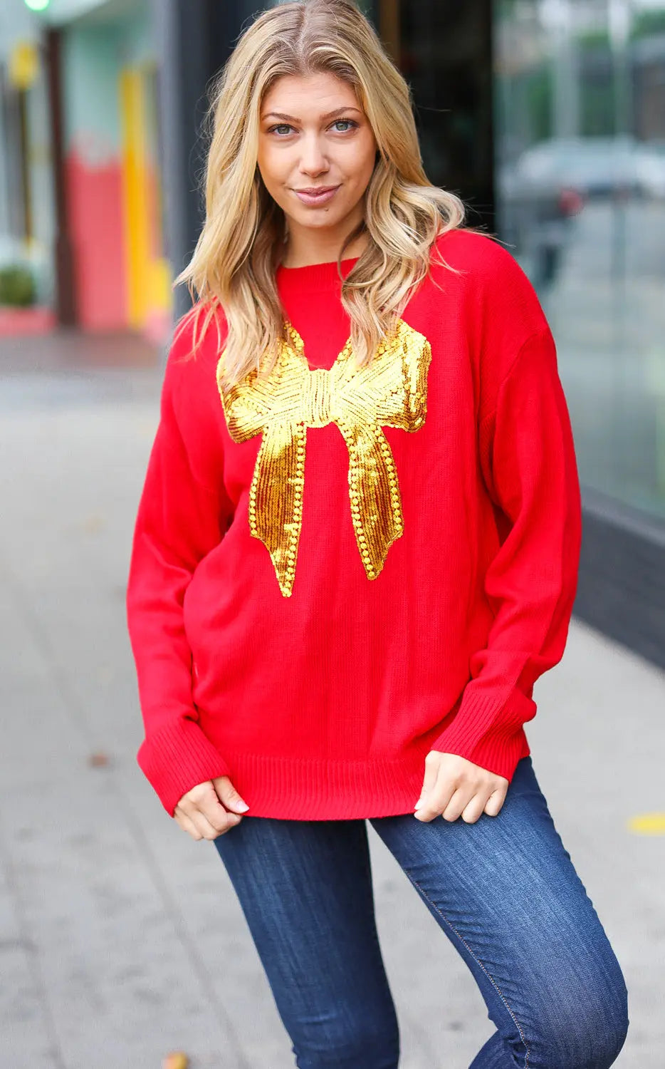 All I Want Red Sequin Bow Embroidery Knit Sweater Haptics