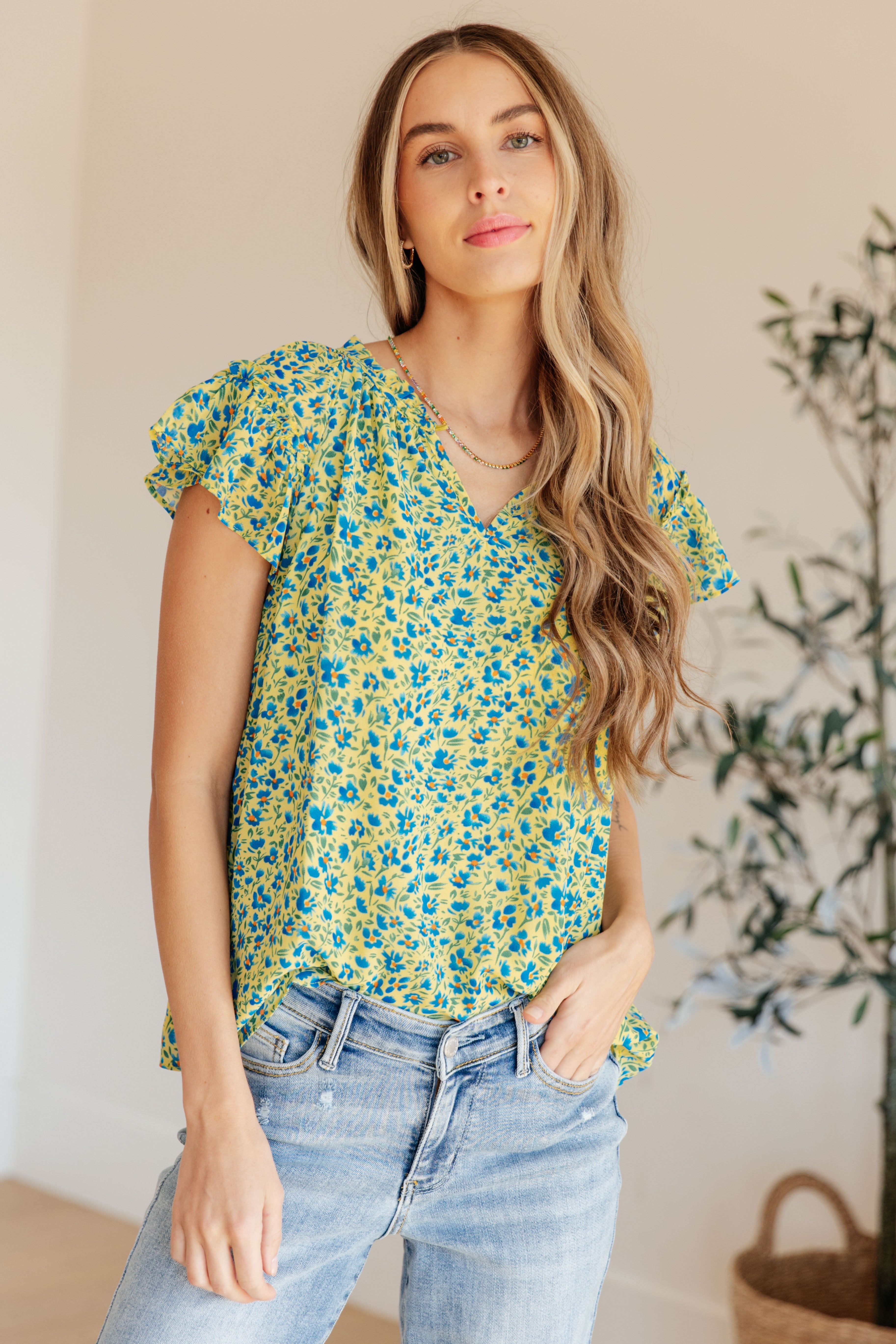Anywhere We Go Flutter Sleeve Top in Blue Combo Ave Shops