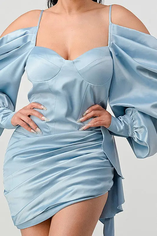 Athina Elegant Puff Shoulder Satin Mini Dress Athina