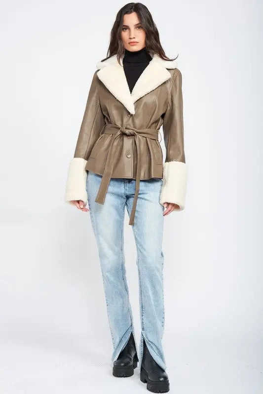 BELTED FAUX SHEARING TRIMMED JACKET Emory Park