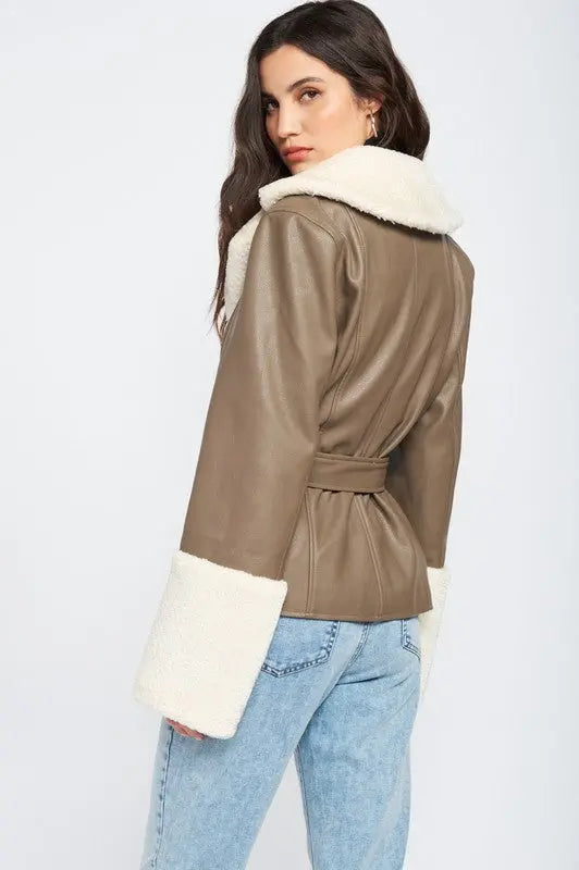 BELTED FAUX SHEARING TRIMMED JACKET Emory Park