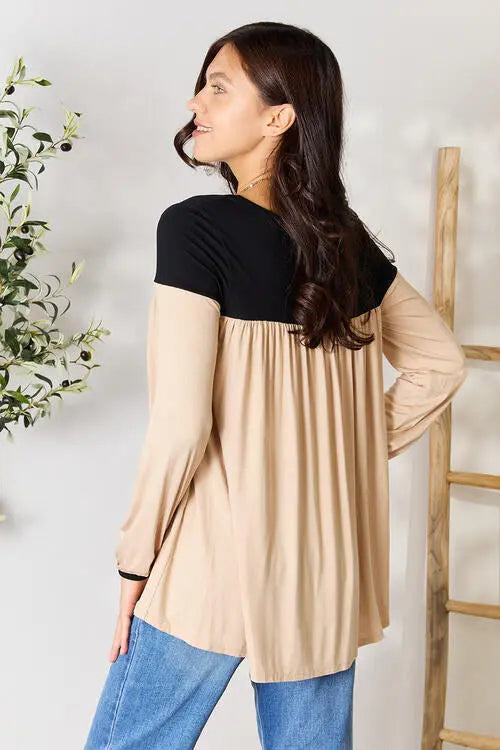 BOMBOM Contrast Long Sleeve Ruched Blouse Trendsi