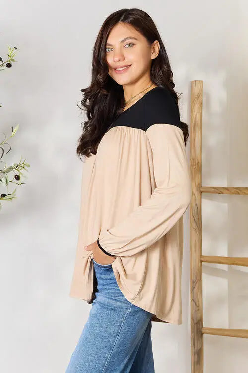 BOMBOM Contrast Long Sleeve Ruched Blouse Trendsi