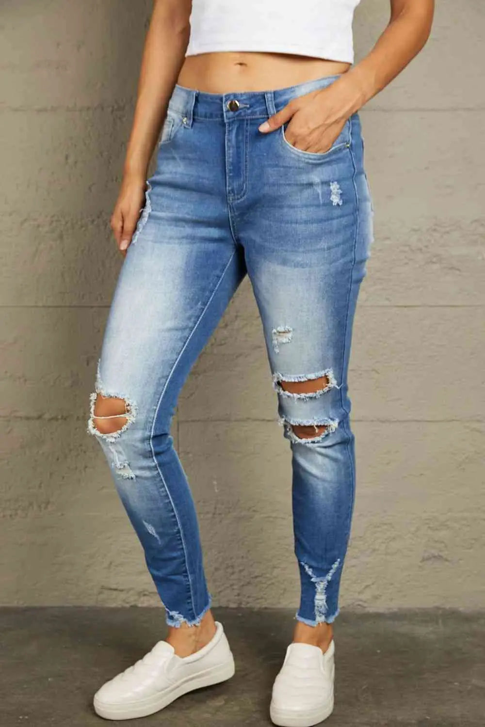 Baeful Faded Mid High Rise Jeans Trendsi