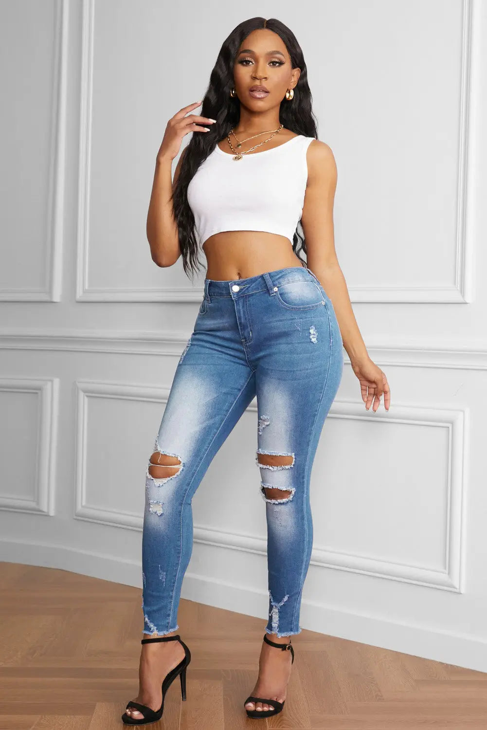 Baeful Faded Mid High Rise Jeans Trendsi