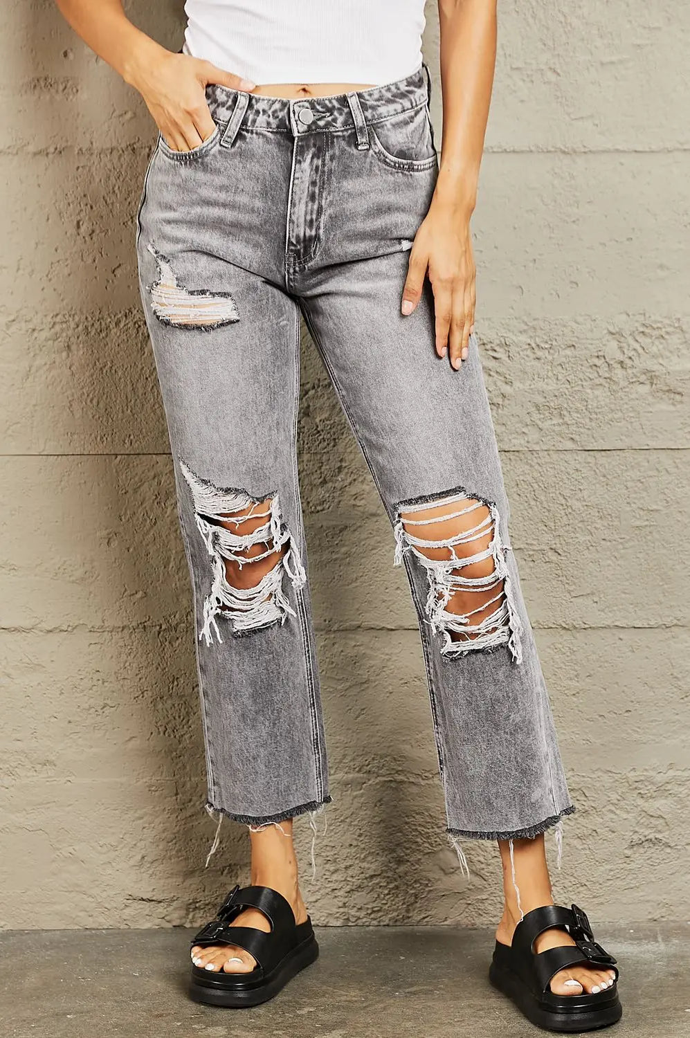 BAYEAS Acid Wash Distressed Cropped Straight Jeans Trendsi