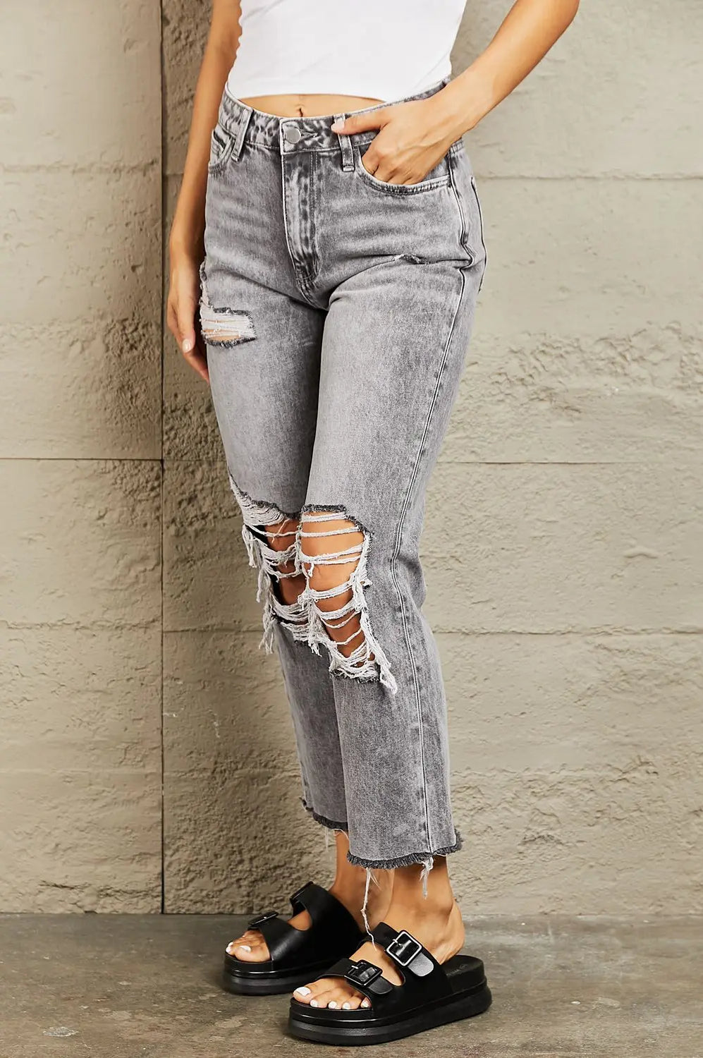 BAYEAS Acid Wash Distressed Cropped Straight Jeans Trendsi