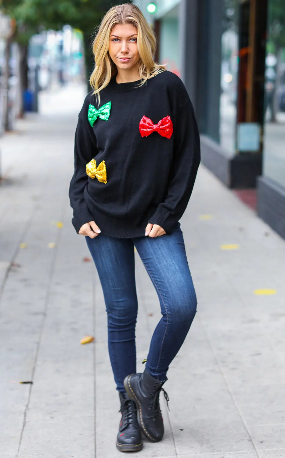 Be Merry Black Multicolor Sequin Bow Knit Sweater Haptics