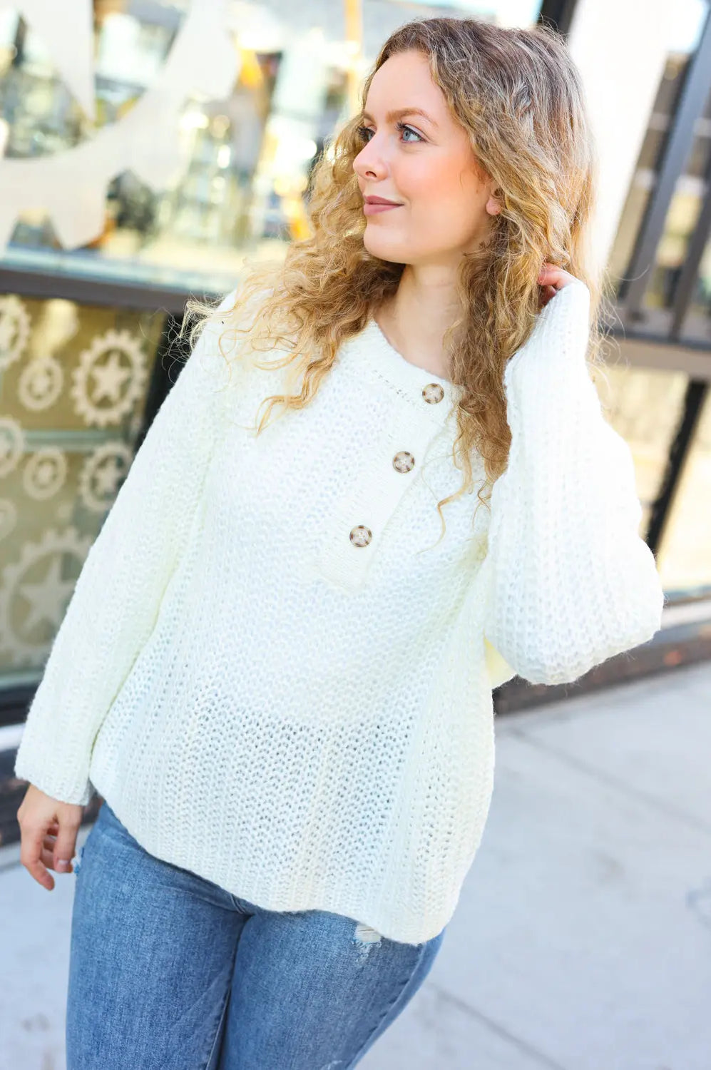 Better Than Ever Ivory Loose Knit Henley Button Sweater BIBI