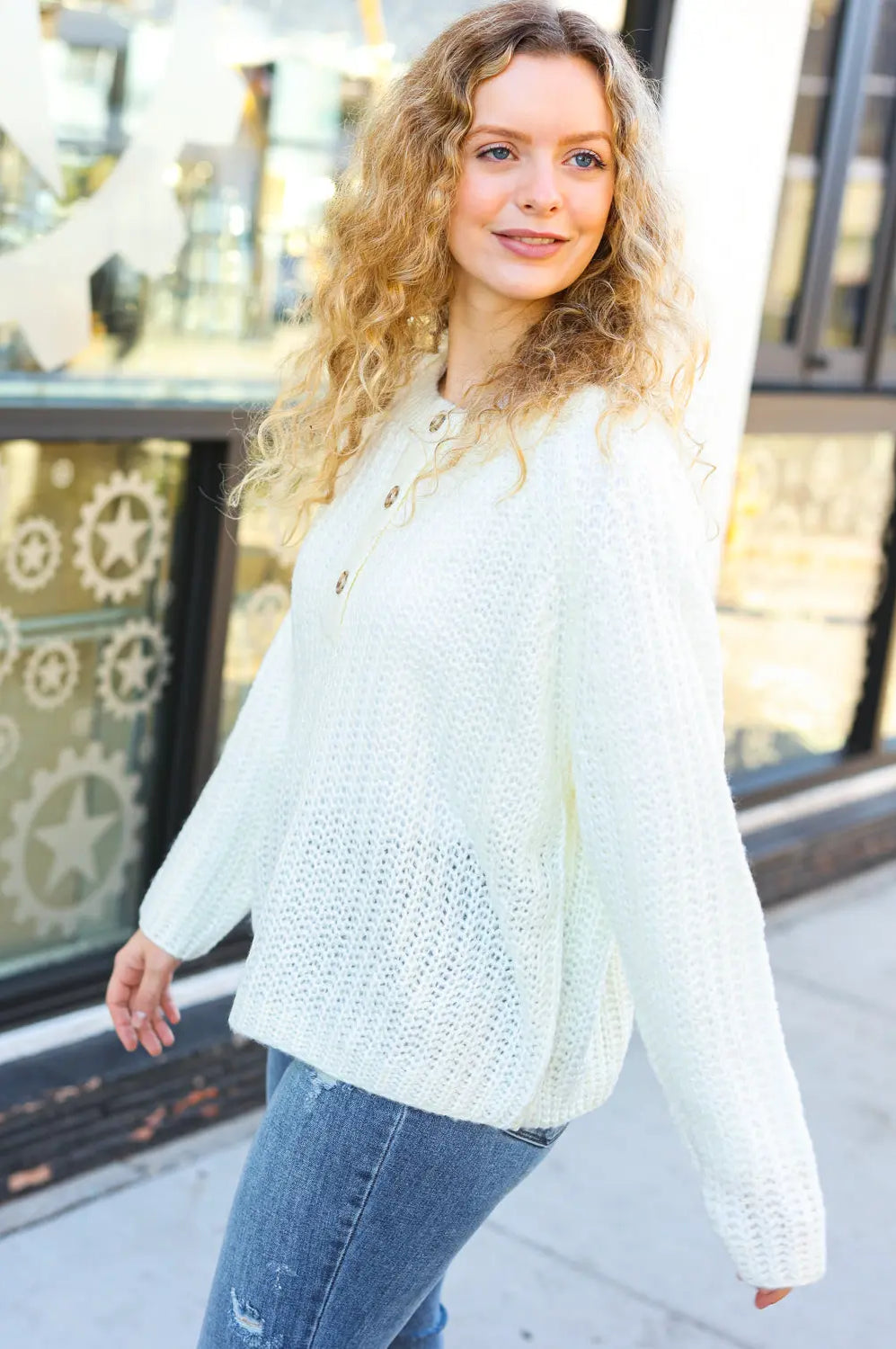 Better Than Ever Ivory Loose Knit Henley Button Sweater BIBI