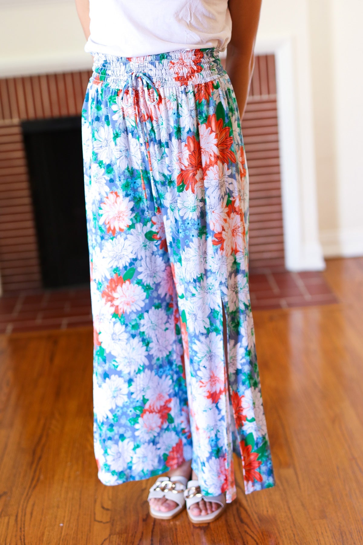 Vacay Vibes Green Floral Smocked Waist Side Slit Palazzo Pants AndTheWhy