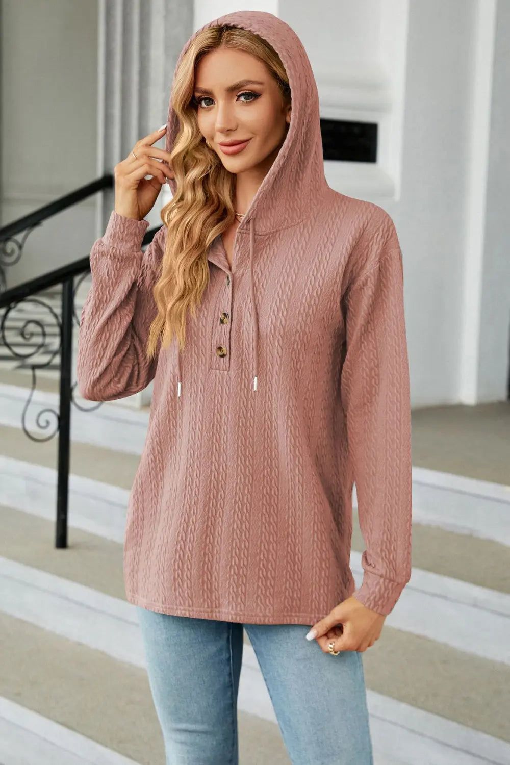 Cable-Knit Long Sleeve Hoodie Trendsi