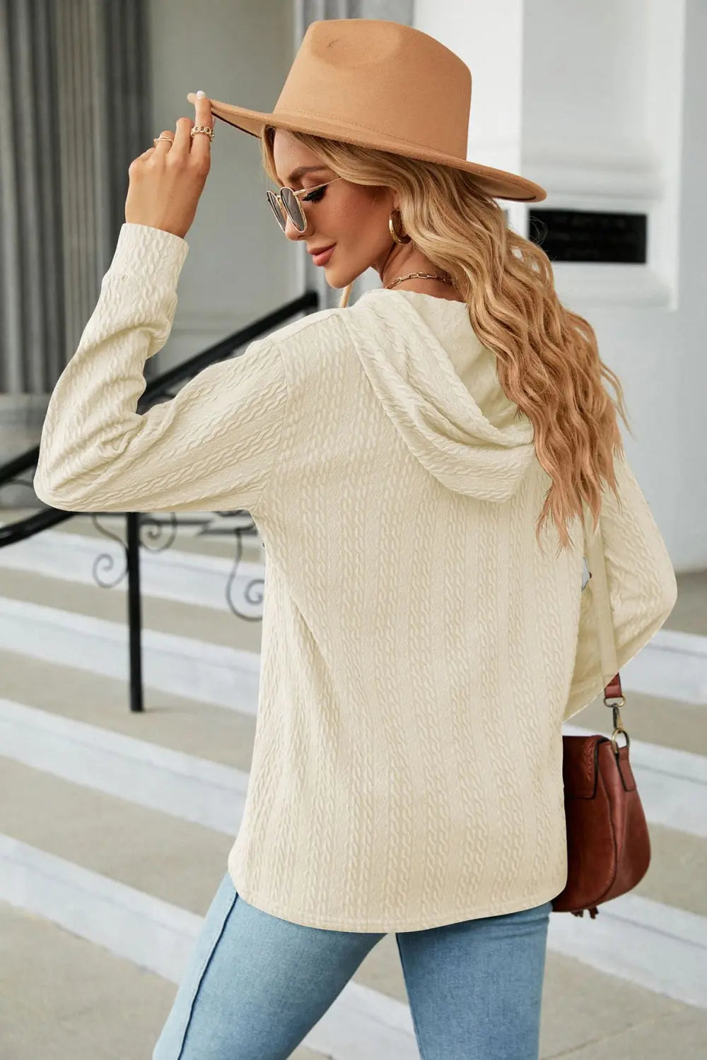 Cable-Knit Long Sleeve Hoodie Trendsi