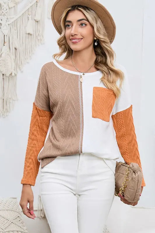 Cable knit color block round neck sweater EG fashion