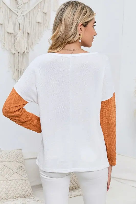 Cable knit color block round neck sweater EG fashion