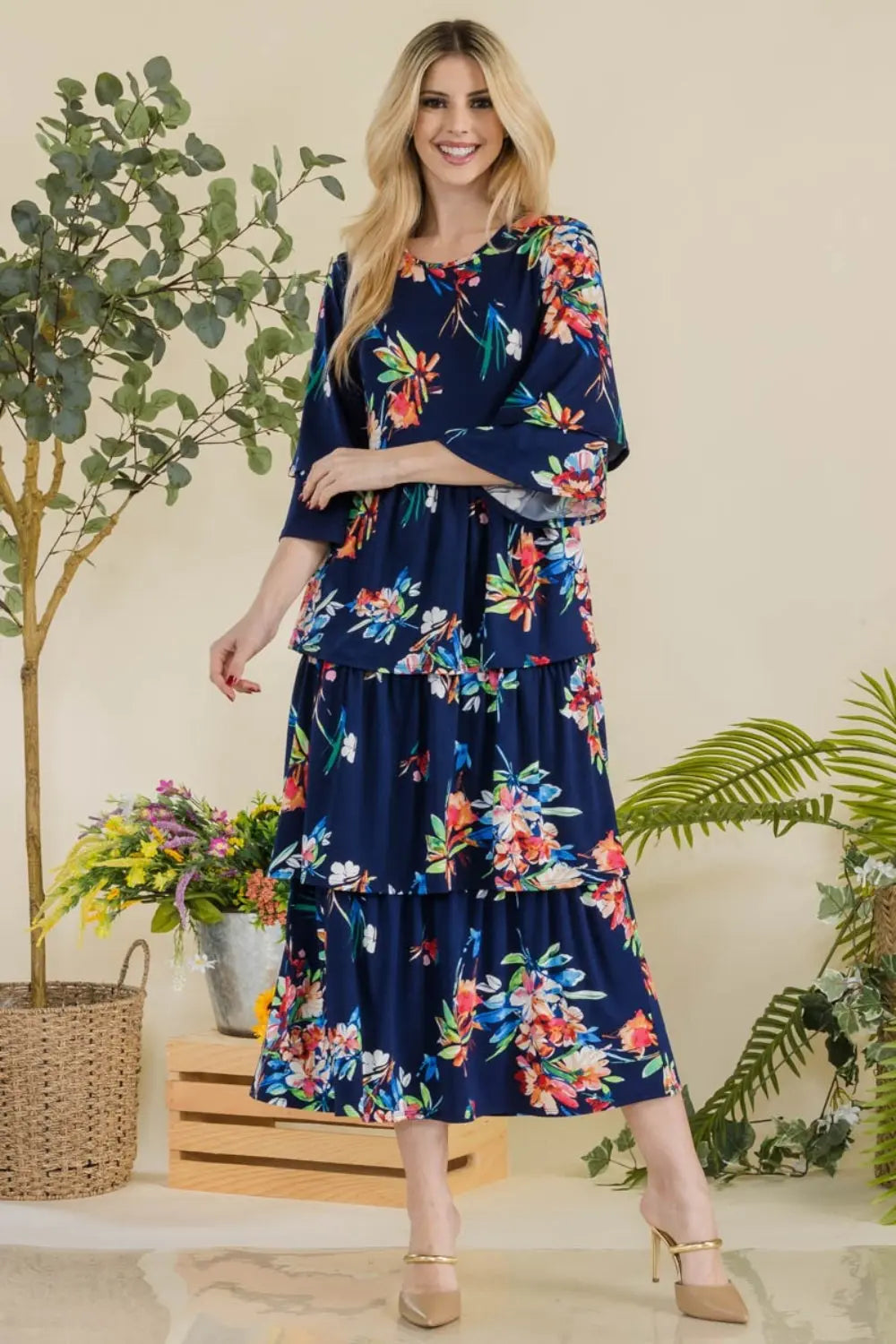 Celeste Full Size Floral Ruffle Tiered Midi Dress Trendsi