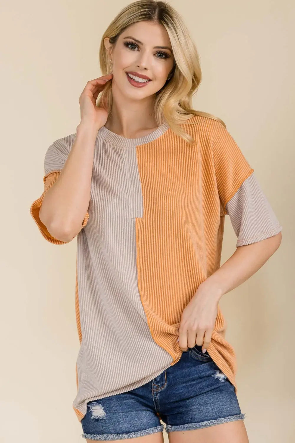Celeste Full Size Ribbed Color Block Short Sleeve T-Shirt Trendsi