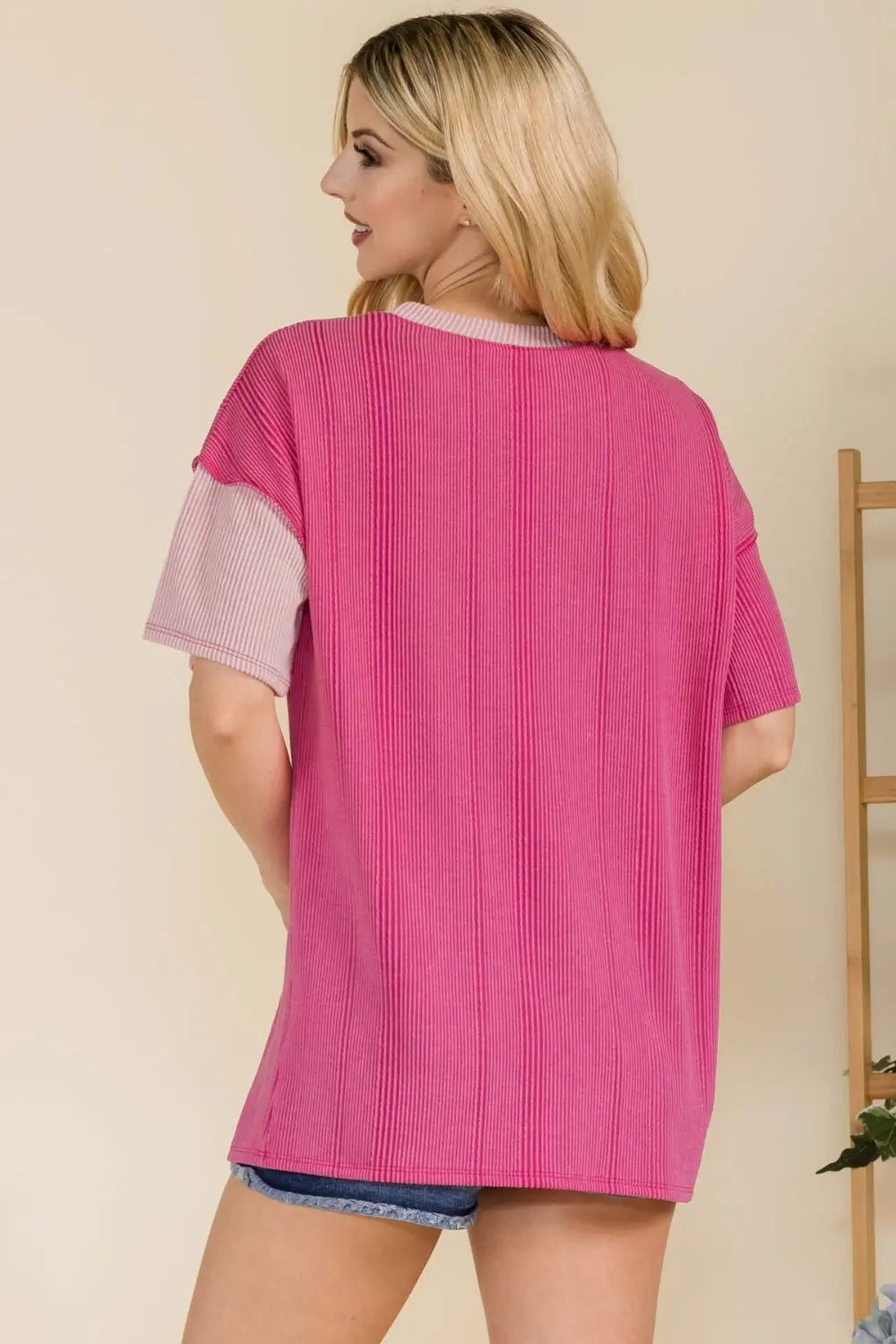 Celeste Full Size Ribbed Color Block Short Sleeve T-Shirt Trendsi