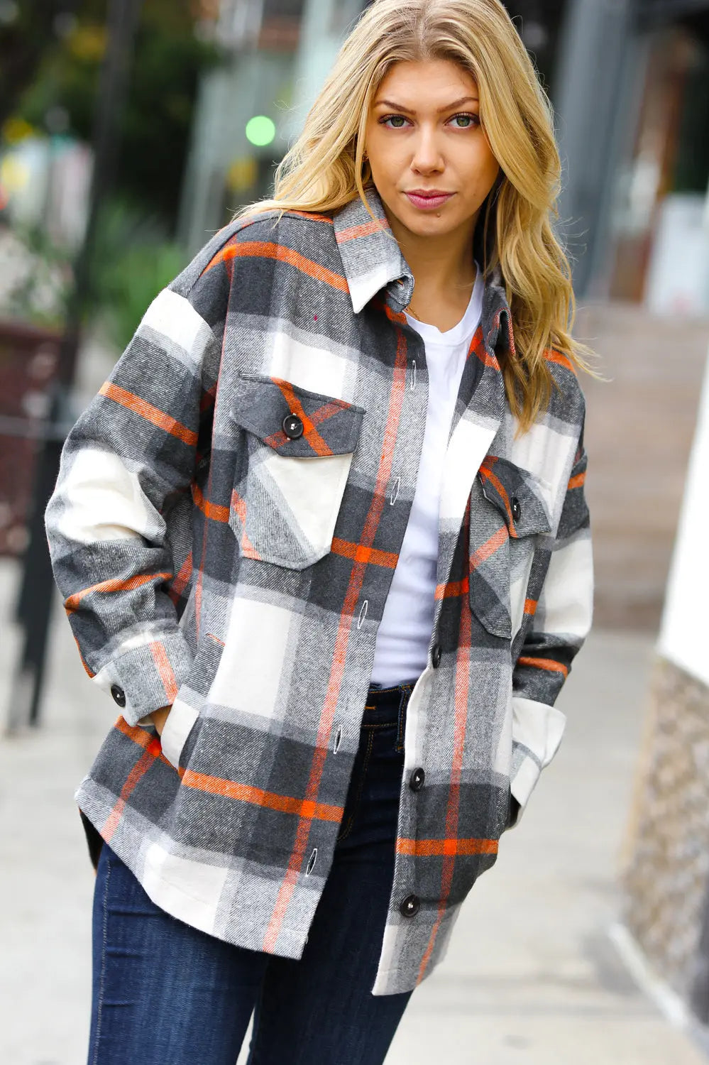 Charcoal & Rust Plaid Flannel Button Down Oversized Jacket Zenana