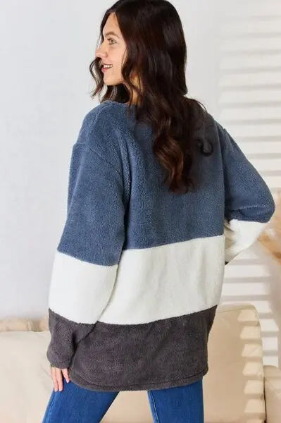 Culture Code Faux Fur Color Block V-Neck Sweater Trendsi