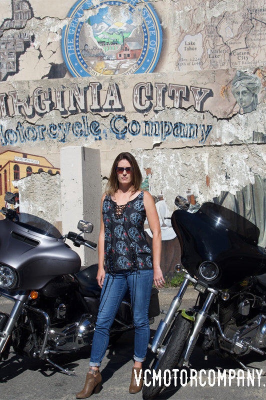 Ladies Biker Motorcycle Eyelet Lace-up Cami Shirt Virginia City Motorcycle Company