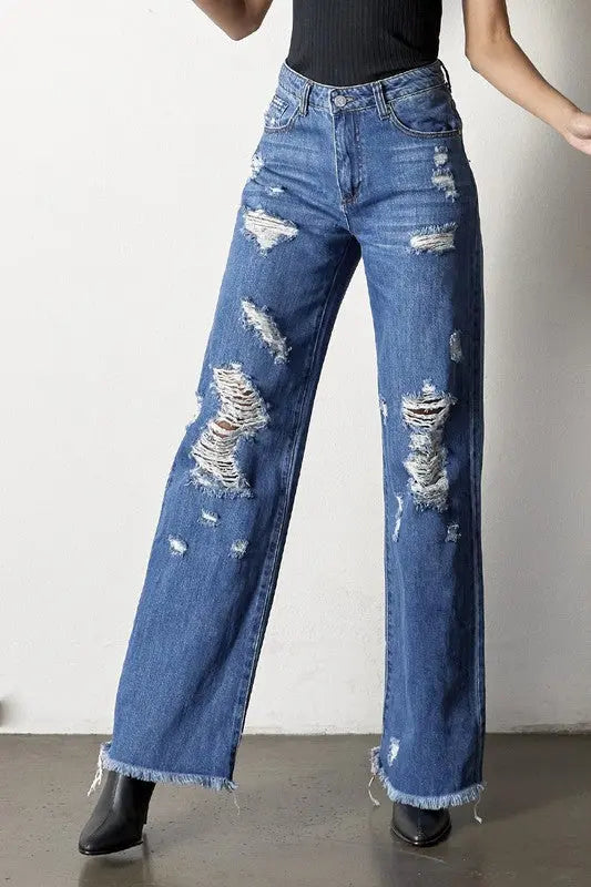 Distressed Frayed Hem Dad Jeans Denim Lab USA