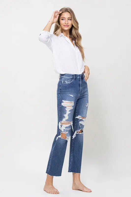 Distressed High Rise Ankle Relaxed Straight Jeans Flying Monkey
