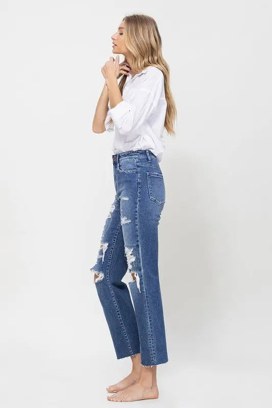 Distressed High Rise Ankle Relaxed Straight Jeans Flying Monkey