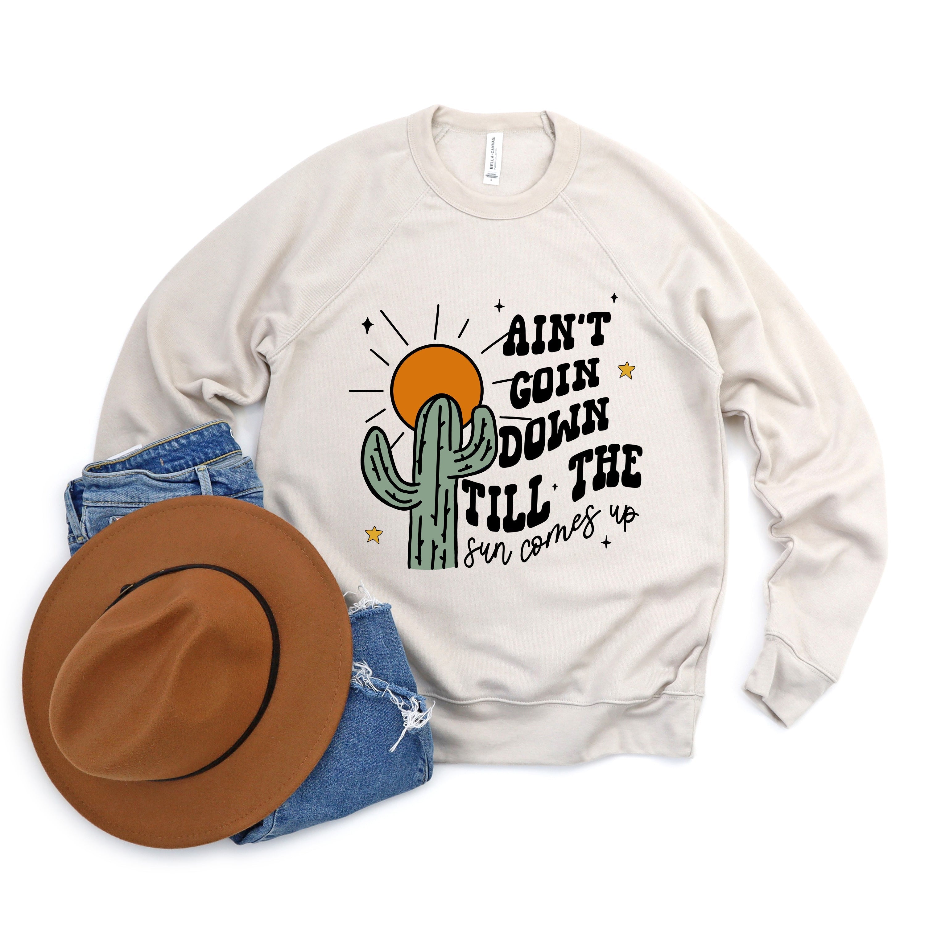 Ain't Goin Down Cactus | Bella Canvas Sweatshirt Olive and Ivory Retail