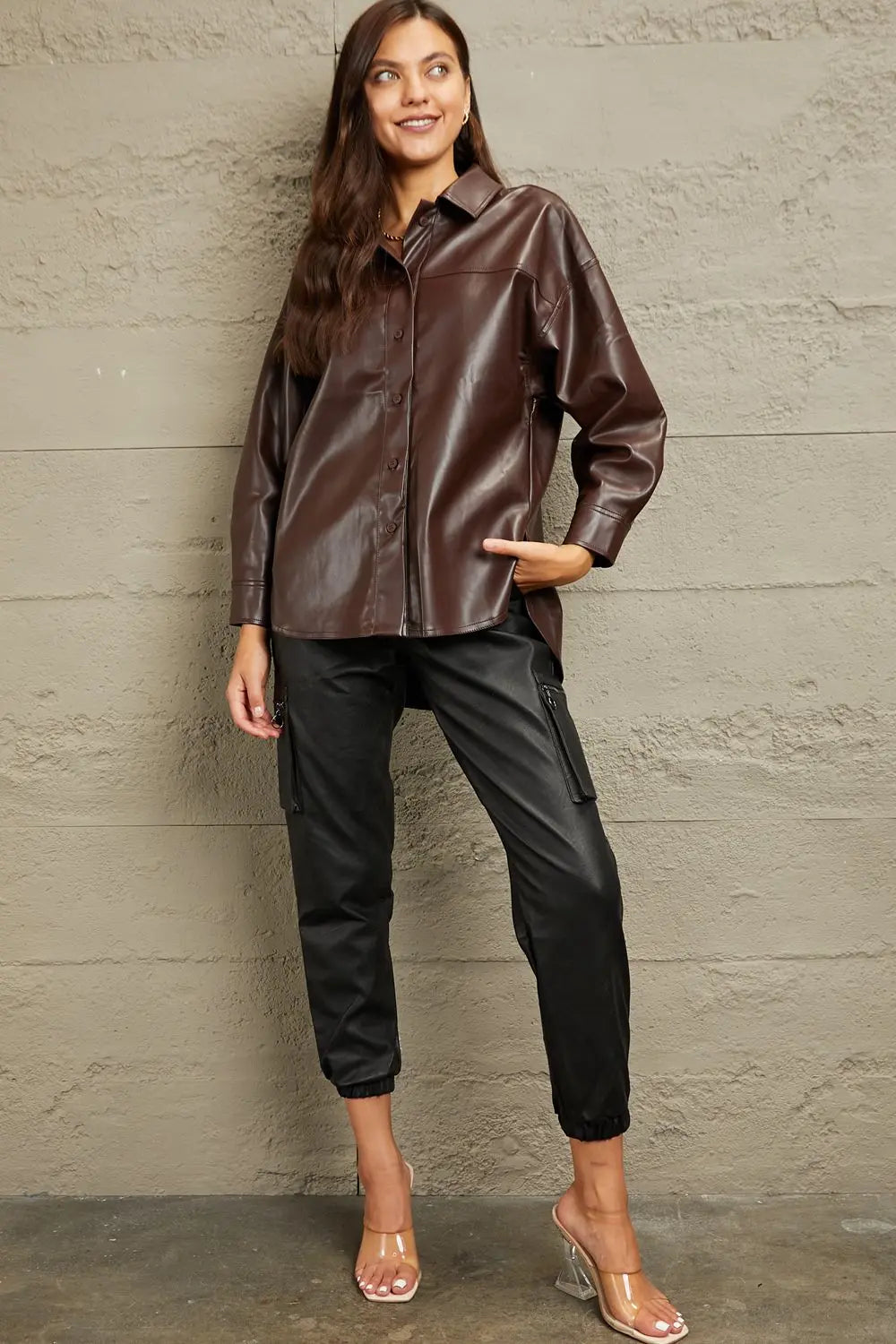 e.Luna Vegan Leather Button Down Shirt Trendsi